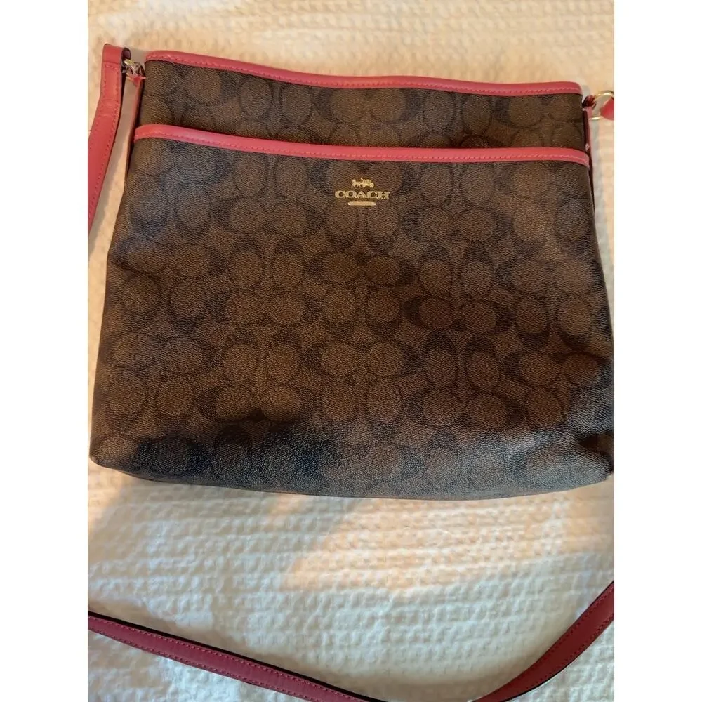 Coach Signature File Crossbody Bag Brown Pink